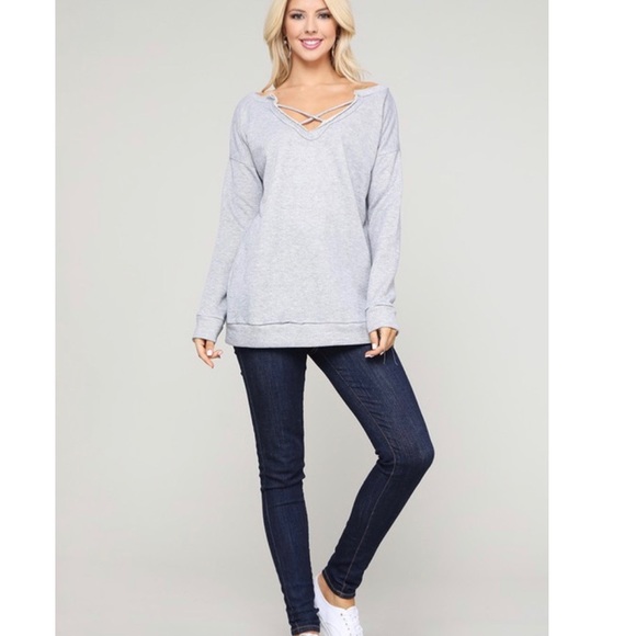 NEW! V-Neck Crisscross Top in Heather Gray! - Picture 3 of 4